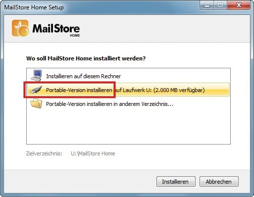 Neu: Ab Version 5.0.1 lässt sich Mailstore Home auch direkt auf einem USB-Stick installieren (Bild 1).