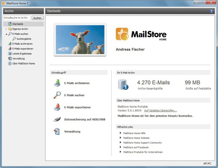 Mailstore Home: Das Programm sichert Ihre E-Mails in einem Archiv auf Festplatte oder USB-Stick (Bild 2).