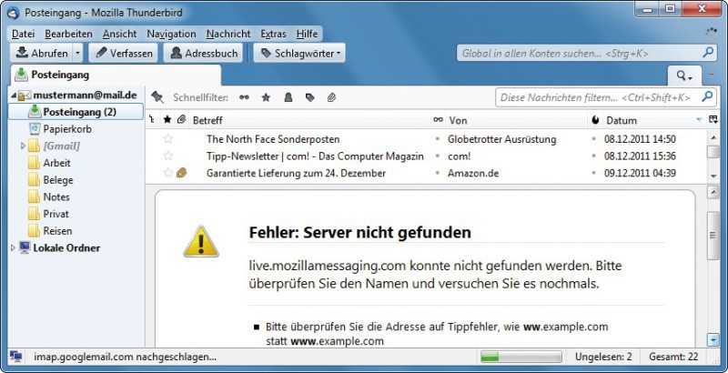 Kein Mail-Zugriff:Wenn Ihr Mail-Programm keine Kopien Ihrer E-Mails auf dem PC speichert, dann haben Sie bei einem Server-Ausfall auch auf ältere E-Mails keinen Zugriff mehr (Bild 7).