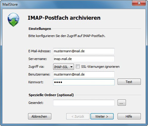 IMAP-Mails sichern: Tragen Sie Ihre IMAP-Zugangsdaten ein, damit Mailstore Home auf Ihr Postfach zugreifen und die E-Mails sichern kann (Bild 11).