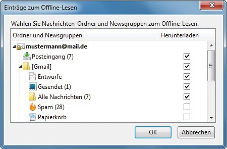 Ordner auswählen: Hier wählen Sie in Thunderbird aus, welche IMAP-Ordner auch auf Ihrem PC gespeichert werden sollen (Bild 8).