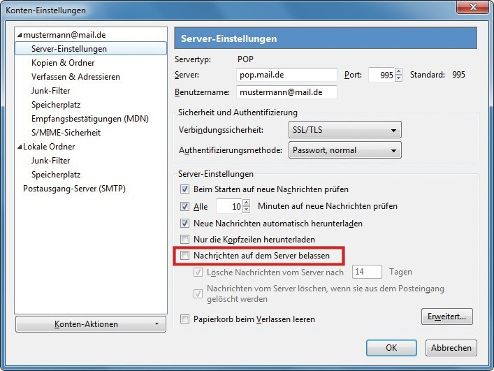IMAP-Umstellung: Deaktivieren Sie „Nachrichten auf dem Server belassen“, um den POP3-Server komplett zu leeren (Bild 6).