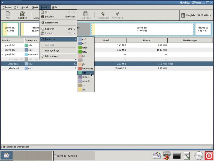 Gparted Live-CD: Das Tool kennt und partitioniert sowohl Windows- als auch Linux-Dateisysteme.