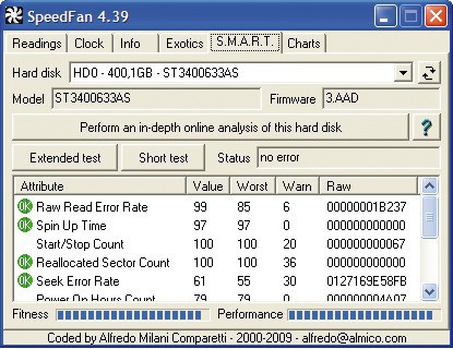 Speedfan: Das Tool liest und analysiert die SMART-Protokolle der Festplatte. Diese Festplatte ist noch sehr fit, obwohl sie schon drei Jahre alt ist.