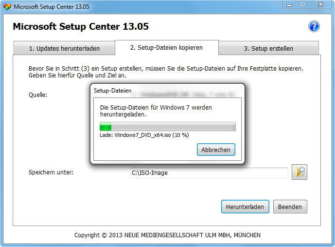 ISO-Download: Das Microsoft Setup Center 13.05 lädt ein ISO-Image mit Windows 7 herunter.