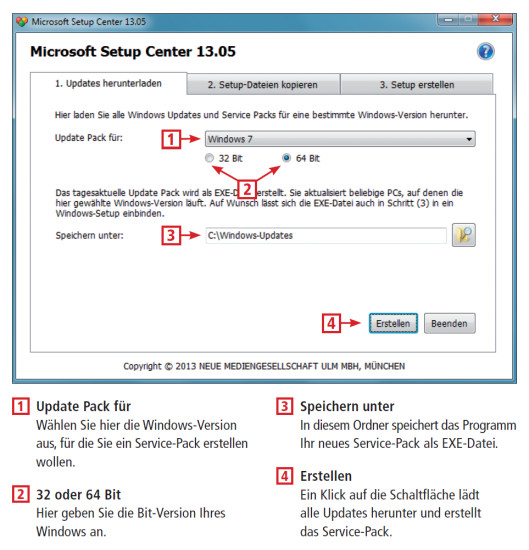 So geht’s: Service-Pack erstellen. Das Microsoft Setup Center 13.05 lädt Service-Packs und Updates für Windows XP, Vista, 7 und 8 herunter. Daraus erstellt es eine EXE-Datei.