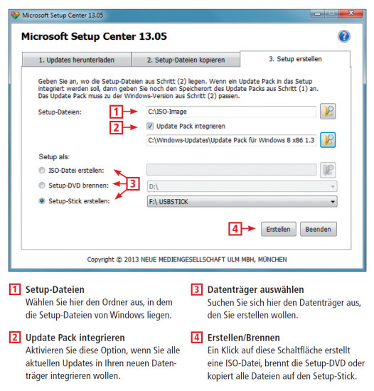 So geht’s: Datenträger erstellen. Hier erstellen Sie mit dem Microsoft Setup Center 13.05 eine neue Setup-DVD, einen Setup-Stick oder eine ISO-Datei. Optional binden Sie auch alle aktuellen Windows-Updates ein.