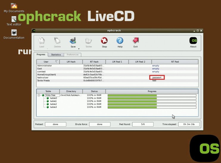 Passwort knacken: Die Ophcrack-Live-CD knackt mühelos Windows-Passwörter.