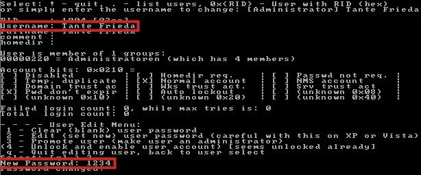 Offline Windows Password & Registry Editor: Die Software sieht kompliziert aus, ist aber einfach zu bedienen. Hier wurde das Passwort des Benutzers Tante Frieda in „1234“ geändert.
