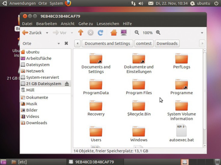 Ubuntu als Hacker-Tool: Mehr als eine Live-CD mit Ubuntu braucht man nicht, um Daten von Ihrem PC zu klauen. Hier greift Ubuntu auf die Festplatte „C:“ zu.