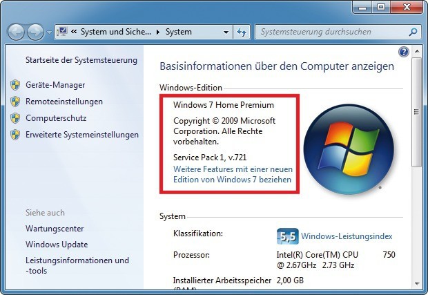 Basisinformationen über den Computer: Hier sehen Sie, welches Service-Pack auf Ihrem PC installiert ist. Das Fenster rufen Sie mit der Tastenkombination [Windows Pause] auf.