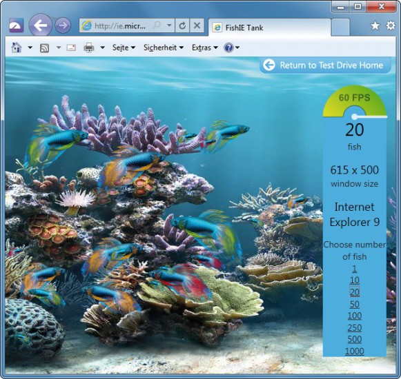 Internet Explorer 9: Den Aquarium-Test bestehen nur Browser, die den Grafikchip zur Berechnung nutzen — wie der neue Microsoft-Browser.