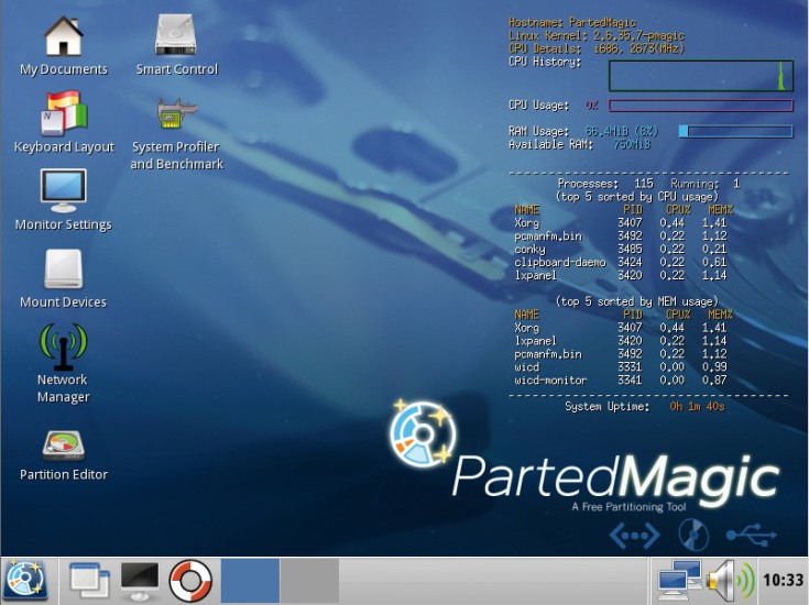 Parted Magic: Ein USB-Stick mit 512 MByte Platz und fünf Minuten Zeit genügen — schon startet das mächtige Rettungs-Linux von Ihrem USB-Stick.