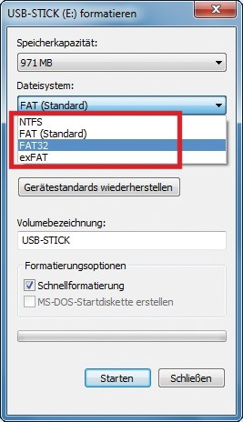 Formatieren von USB-Sticks: Windows 7 unterstützt für USB-Sticks die Dateisysteme FAT32, NTFS und exFAT. Mit FAT32 lässt sich der Stick auf allen Systemen nutzen (Bild 2).