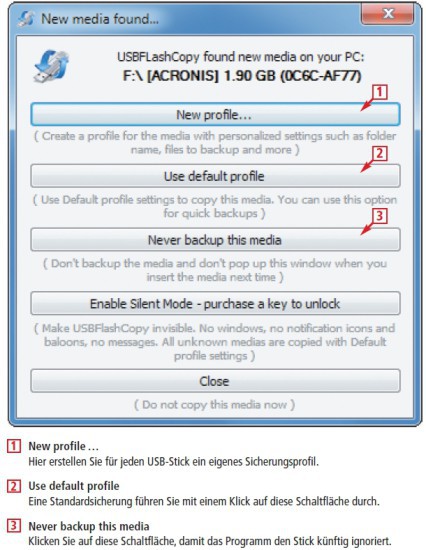 USB Flash Copy sichert automatisch die Dateien vom USB-Stick auf den PC (kostenlos, www.usbflashcopy.com). Das Programm erkennt den Stick anhand seiner Seriennummer und führt anschließend die vorab festgelegten Aktionen automatisch durch.