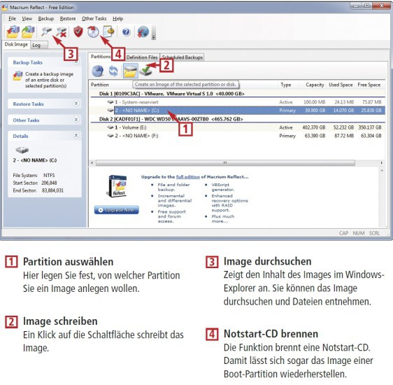 Macrium Reflect Disk Imager 4.2 sichert eine Partition in einer Image-Datei (kostenlos, www.macrium.com/reflectfree.asp). Das Tool hat eine englische Bedienoberfläche (Bild 8).