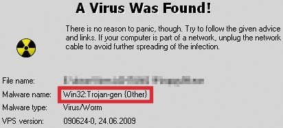 Virusmeldung: Die verwendeten Kürzel sind oft schwer zu verstehen. „gen“ bedeutet etwa, dass der Scanner den Virus nicht eindeutig kennt (Bild 9).