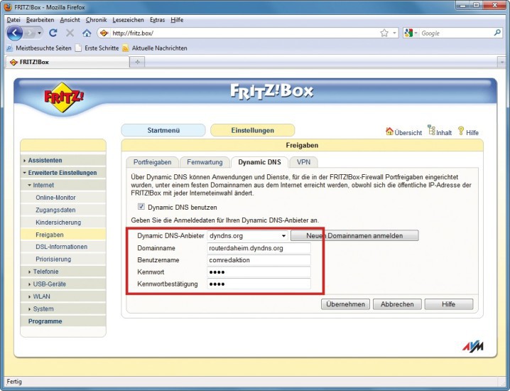 Fritzbox konfigurieren: Hier stellen Sie die Fritzbox so ein, dass die Box die täglich wechselnde IP-Adresse immer wieder neu an Dyndns.com meldet. Das ist notwendig für den Fernzugriff.