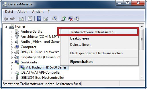 Treiberinstallation: Dieser Kontextmenüeintrag im Gerätemanager von Windows 7 aktualisiert den Treiber des entsprechenden Geräts. In diesem Beispiel ist das die Grafikkarte (Bild 5).