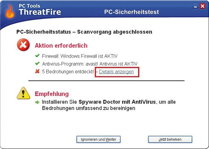 Schnell-Scan mit Threatfire: Direkt nach der Installation führt das Tool einen Sicherheits-Check durch. Das ausführliche Ergebnis sehen Sie, wenn Sie auf „Details anzeigen“ klicken (Bild 7).