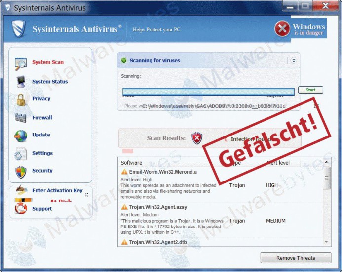 Sysinternals Antivirus: Die Microsoft-Tochter Sysinternals programmiert hervorragende System-Tools, hat aber keinen Virenscanner im Angebot. Das hier gezeigte Sicherheits-Tool ist gefälscht (Bild 1).
