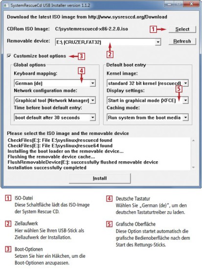 Der System Rescue CD USB Installer kopiert die Daten der Rettungs-CD auf Ihren USB-Stick (kostenlos, http://download.sysresccd.org). Zudem konfiguriert das Tool die Startoptionen des Rettungs-Sticks (Bild 3).