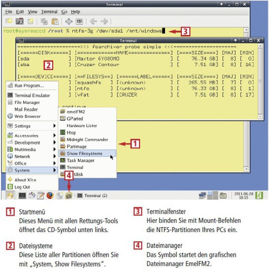 Die System Rescue CD rettet wichtige Daten streikender Windows-PCs (kostenlos, www.sysresccd.org). Die Daten sichern Sie auf USB-Festplatte, FTP-Speicher oder auf CD/DVD (Bild 4).