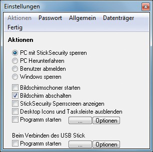 Sticksecurity 2 Basic konfigurieren: Hier legen Sie fest, was Sticksecurity unternehmen soll, wenn der PC-Schlüssel abgezogen wird (Bild 2).