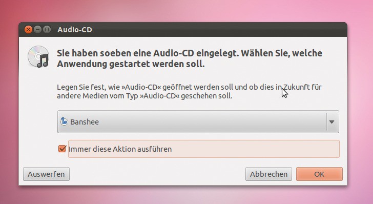 Ubuntu erkennt, wenn Sie eine Audio-CD einlegen.