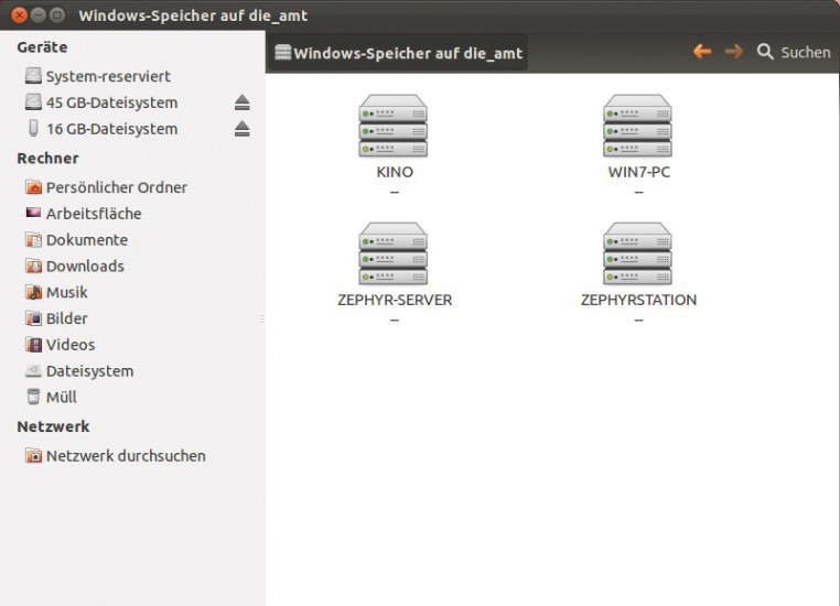 Sobald das Ubuntu-System im LAN eingebunden ist, haben Sie Zugriff auf die anderen Freigaben (Bild 1).