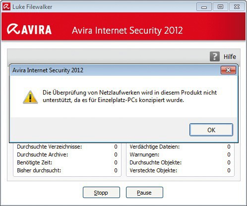 Avira Internet Security 2012: Wie in den vergangenen Jahren weigerte sich die Software auch dieses Mal wieder als einziger Testteilnehmer, Netzlaufwerke zu scannen.