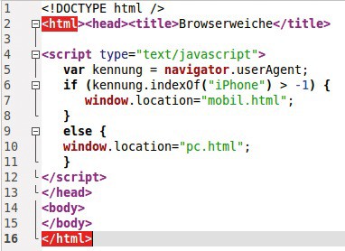 Browserweiche mit Javascript: Dieses kleine Script prüft allerdings nur, ob es sich um ein iPhone handelt (Bild D).