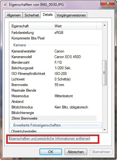 Versteckte Daten: Digicams speichern Infos zu jedem Foto. Die lassen sich unter Windows Vista und 7 leicht löschen (Bild 4).