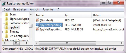 Microsoft Spynet deaktivieren: Unter Windows 7 ist ein Eingriff in die Registry nötig, damit nicht bei jedem Schädlingsfund Microsoft umfassend informiert wird (Bild 1).