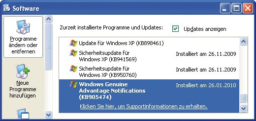 WGA-Check: Die Softwareverwaltung von Windows XP zeigt, ob das Schnüffel-Tool installiert ist (Bild 2).