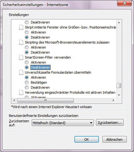 Smartscreen-Filter: Markieren Sie im Internet Explorer „Deaktivieren“. Dann erfährt Microsoft nicht, welche Seiten Sie besucht haben (Bild 9).