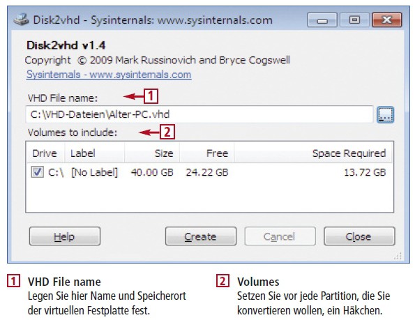 So geht’s: Disk2VHD von Microsoft wandelt Partitionen in virtuelle Festplatten um.