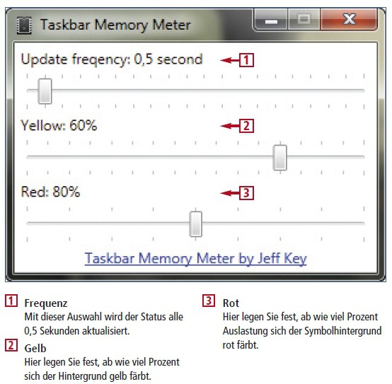 So geht’s: Das kostenlose Taskbar Meters zeigt die Auslastung vom CPU, RAM und Festplatte als Symbolhintergrund in der Superbar an.