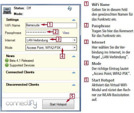 So geht’s: Das kostenlose Connectify verwandelt einen Computer mit WLAN-Karte in eine WLAN-Basisstation. Das Tool schaltet dazu die von Microsoft deaktivierte Windows-7-Funktion Virtual WiFi frei.