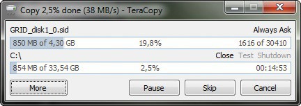 Teracopy: Kopiervorgänge lassen sich unterbrechen und später fortsetzen. Zusätzlich zeigt das Tool beim Kopieren den Fortschritt bei einzelnen Dateien an.