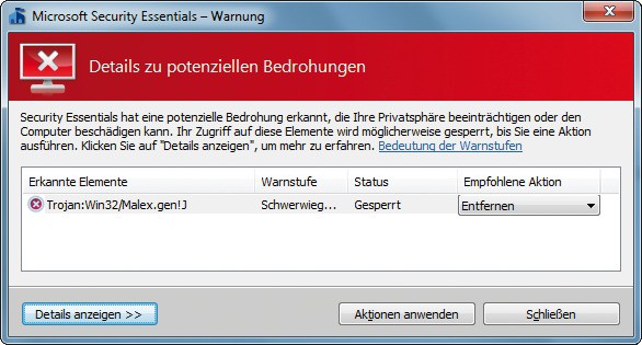 Trojaner gefunden: Der Virenscanner, in diesem Fall Microsoft Security Essentials, hat die Installation eines Trojaners verhindert (Bild 14).
