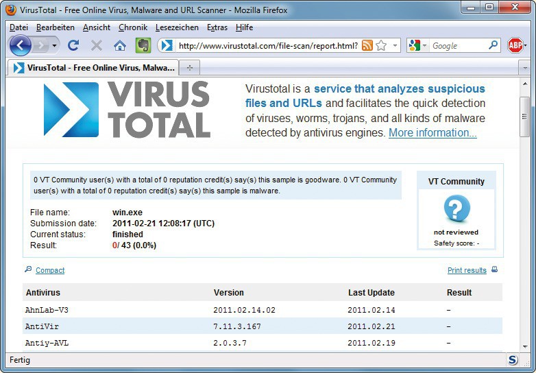 Virustotal: Die Webseite scannt jede hochgeladene Datei mit 43 Virenscannern (Bild 12).