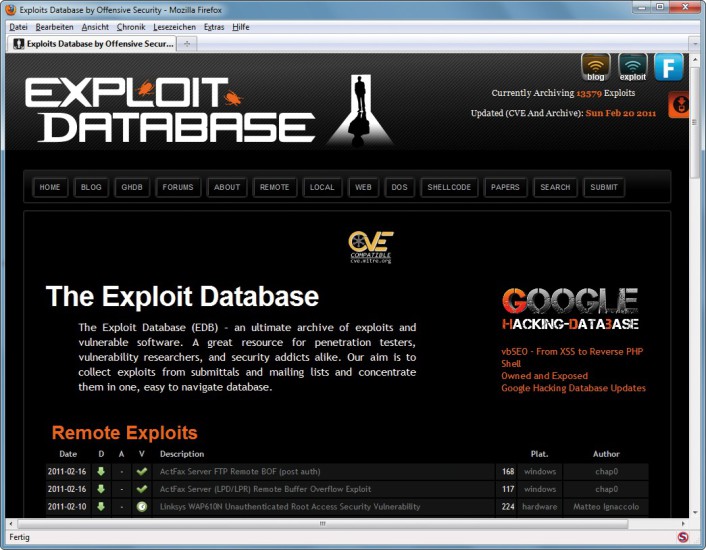 Exploits: Programme, die gezielt Sicherheitslücken ausnutzen — Exploits genannt — kann jeder aus dem Internet herunterladen (Bild 6).