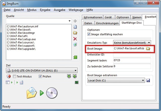 Setup-DVD mit Imgburn brennen: Damit der PC von der Setup-DVD bootet, geben Sie im Brennprogramm Imgburn bei „Boot Image“ die Datei „etfsboot.com“ im Verzeichnis „C:\Win7-Rec\boot“ an (Bild 4).