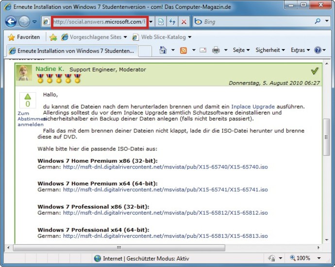 Support-Website von Microsoft: Vielen Rechnern mit vorinstalliertem Windows 7 liegt keine Setup-DVD bei. Das macht aber nichts. Jeder kann von dieser Microsoft-Website ein ISO-Image von Windows 7 kostenlos herunterladen (Bild 2).