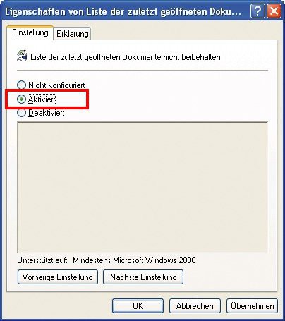 Dokument-History: Damit sich Windows die zuletzt geöffneten Dokumente nicht merkt, aktivieren Sie die Einstellung „Liste der zuletzt geöffneten Dokumente nicht beibehalten“.