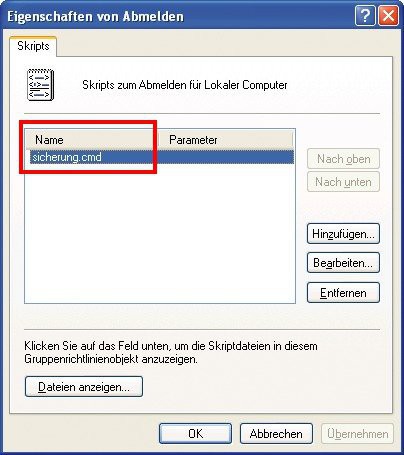 Abmelde-Skript ausführen: Gpedit richtet Windows auf Wunsch so ein, dass beim Hoch- oder Runterfahren Programme ausgeführt werden — hier die Batch-Datei „sicherung.cmd“.