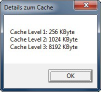 Cache-Info: Um den Zwischenspeicher kümmert sich das Skript „cacheInfo.vbs“. Dieser Rechner verfügt über drei Arten von Cache-Speicher mit bis zu 8 MByte Kapazität (Bild 3).