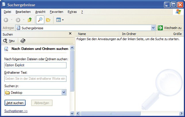 Schlanke Profisuche: Das Skript „search.vbs“ schaltet in Windows XP die hier im Bild zu sehende klassische Suchfunktion frei. Sie findet auch versteckte Daten und Dateien mit Endungen, die im System nicht registriert sind (Bild 10).
