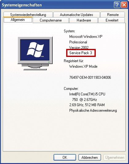 Aktuelles Service-Pack installieren: Nur wenn die neuesten Updates installiert sind, steht der komplette Skript-Befehlssatz zur Verfügung. Welches Service-Pack installiert ist, steht bei XP in den Systemeigenschaften (Bild 16).